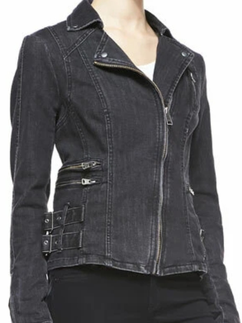 Free People Black Washed Denim Moto Jacket